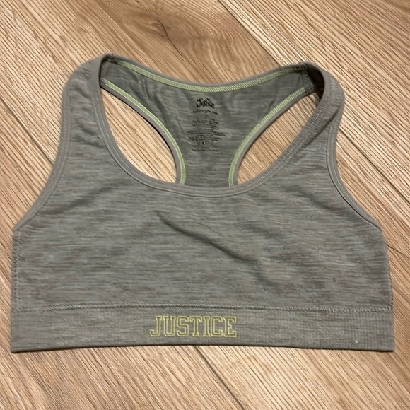 4/$20 Justice Heather, Gray, yellow accent, justice symbol, Razorback sports bra - Picture 1 of 3